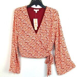 Gianni Bini Womens  Floral Long Sleeve V neck Wrap Crop Top sz L